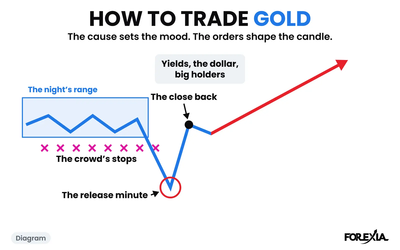 Diagram: the cause sets the mood, and the orders shape the candle. The real days are below. How to trade gold diagram: the night's range, the crowd's stops under it, a run through them at the release minute, a close back inside, then the move away
