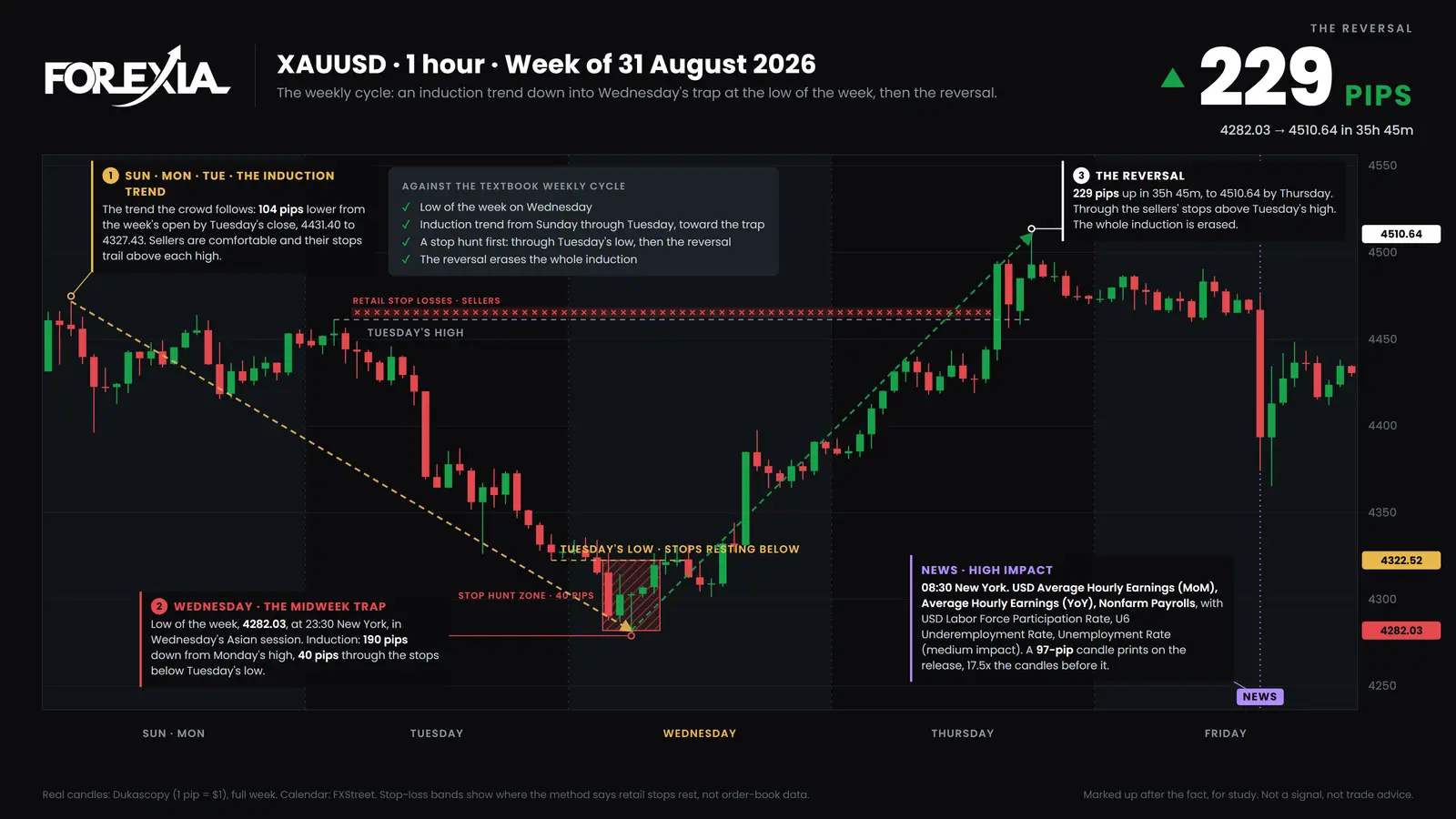 Gold (XAU/USD), week of 31 August 2026. The low of the week, 4282.03, came 40 pips under Tuesday's low. Price rose 229 pips to 4510.64 by Thursday, through the stops above Tuesday's and Monday's highs. Real candles. The Week's High and Low on gold, 1-hour chart, week of 31 August 2026: a fall to the low of the week at 4282.03, 40 pips under Tuesday's low, then 229 pips up to 4510.64 by Thursday